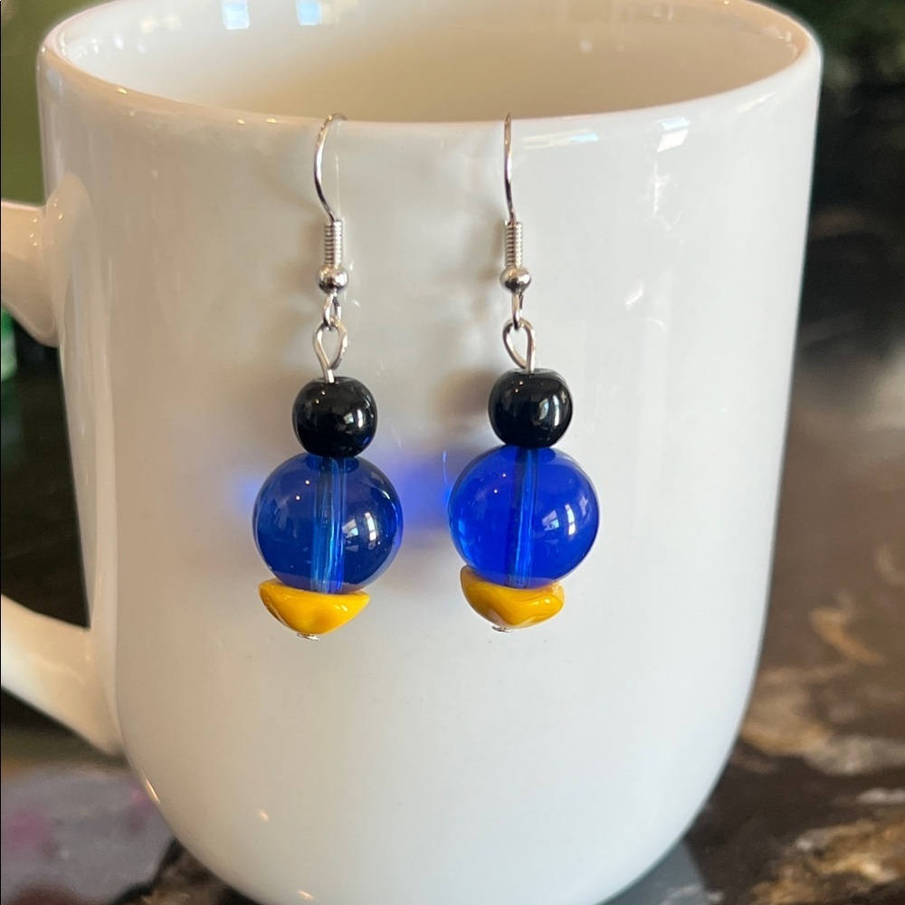Artisan Blue and Black Beaded Earrings with Yellow Accent